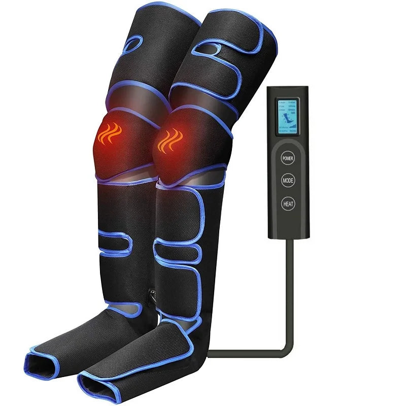 A pair of leg massagers with air pressure and heating elements, along with a remote control and a USB charging cable.