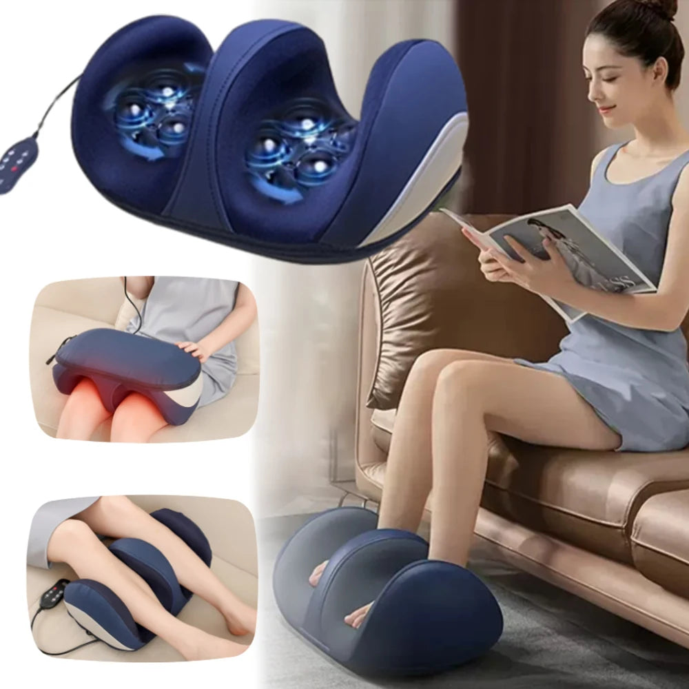 A collage of images showing a blue heated shiatsu foot massager in use by a seated person. The images depict the device's various features such as heating and rolling massage action.