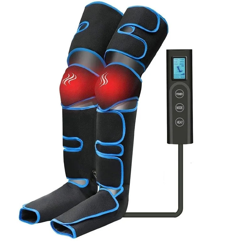 A pair of leg massagers with air pressure and heating elements, along with a remote control and a USB charging cable.