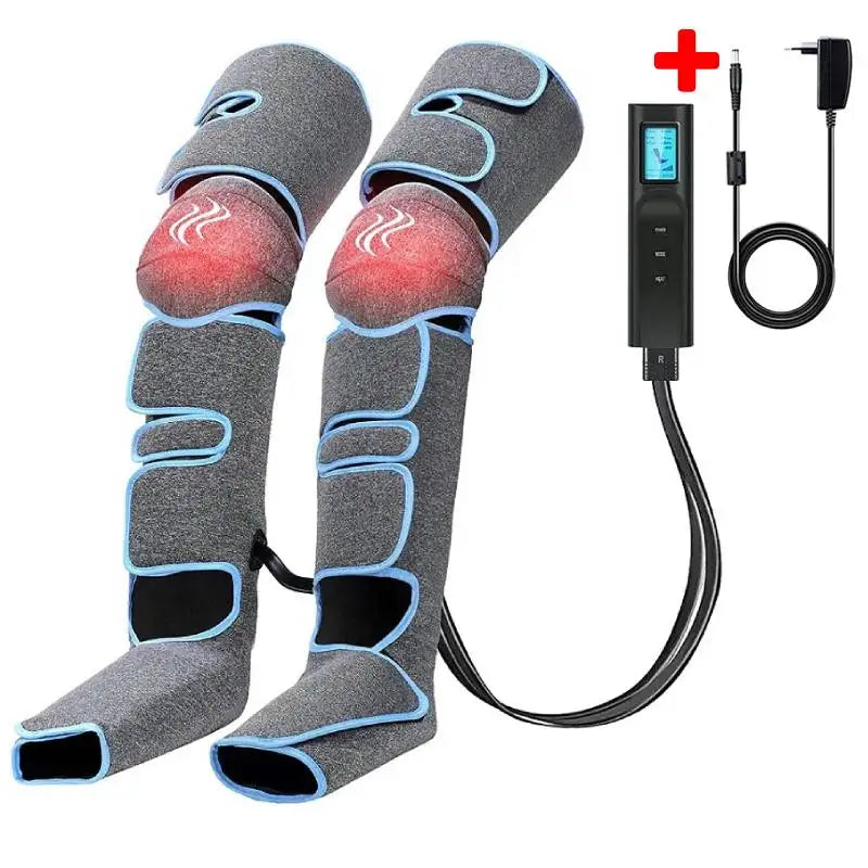 A pair of leg massagers with air pressure and heating elements, along with a remote control and a USB charging cable.