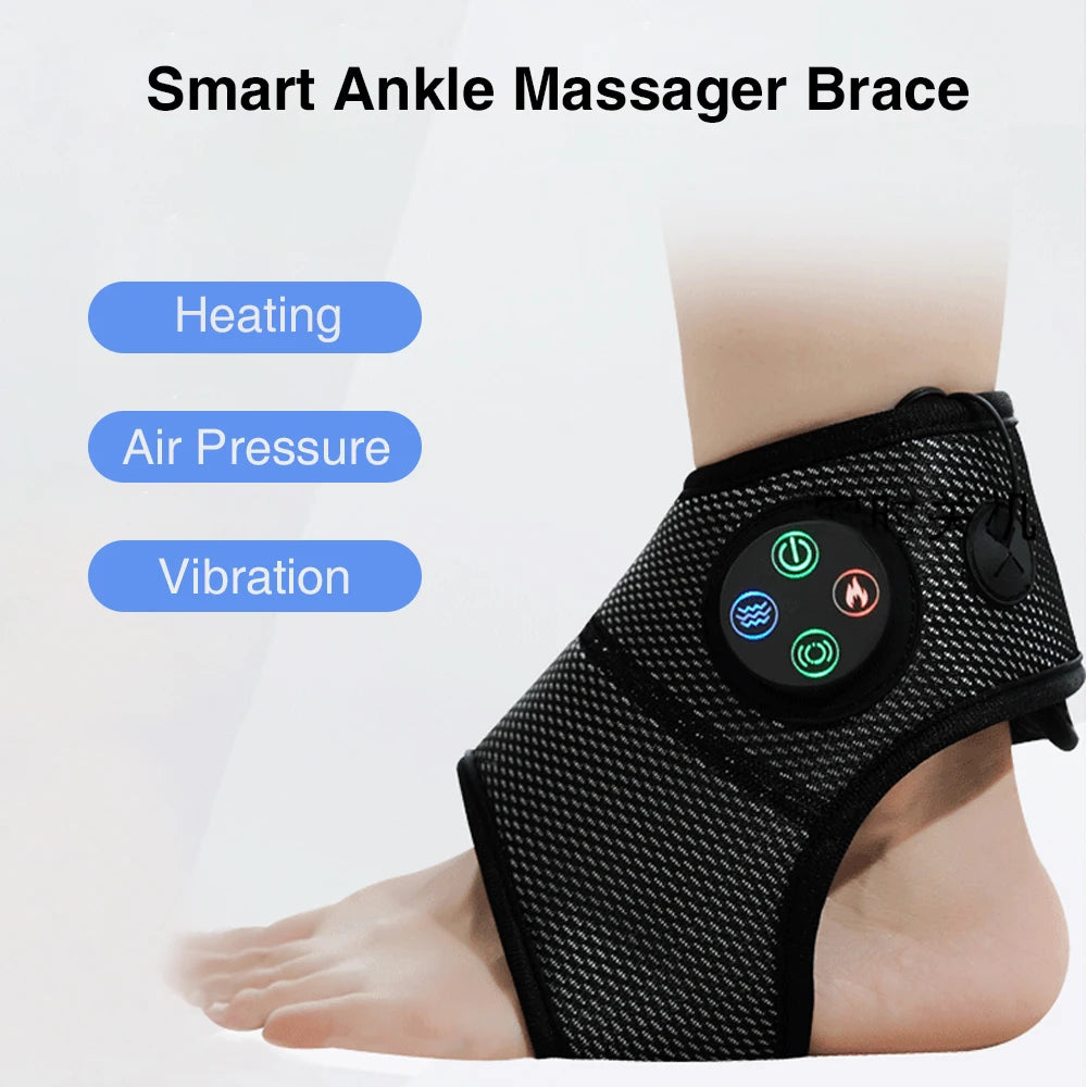 A smart ankle massager brace in black and grey, featuring control buttons and labels for heating, air pressure, and vibration functions, applied to a human foot.