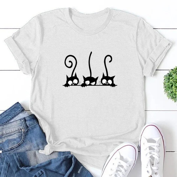 Three Black Cat Print T Shirt Women Short Sleeve O Neck Loose Tshirt Summer Women Tee Shirt Tops Camisetas Mujer