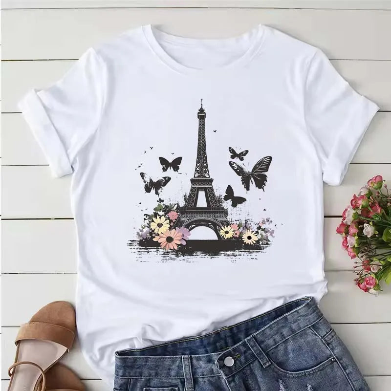 Fashion Eiffel Tower Floral Print Women Summer T Shirt Girl O Neck Funny Y2K Tops Tee Female 90s Casual Clothing