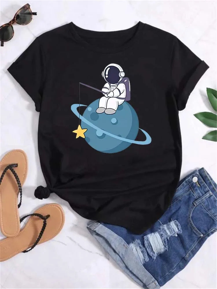 Maycaur T Shirt Women Moon Planet Print Fashion Tee Shirts Casual Round Neck Short Sleeve Streetwear Female T-Shirt Vintage Tops