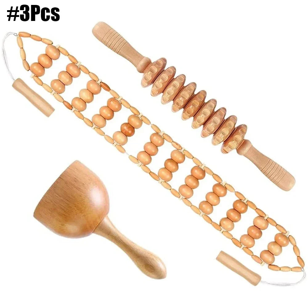 A set of wooden massage tools being used on a person's back, highlighting the smooth polished surface and easy handle bar of the wooden massagers.