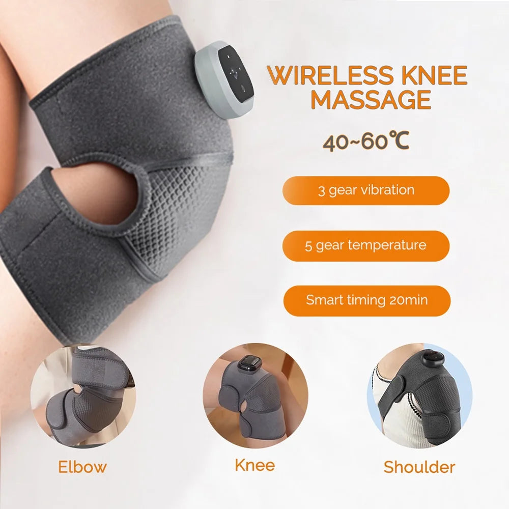 Adjustable electric knee massager pad with control unit and extension strap, in gray color, highlighting features such as temperature settings and vibration.