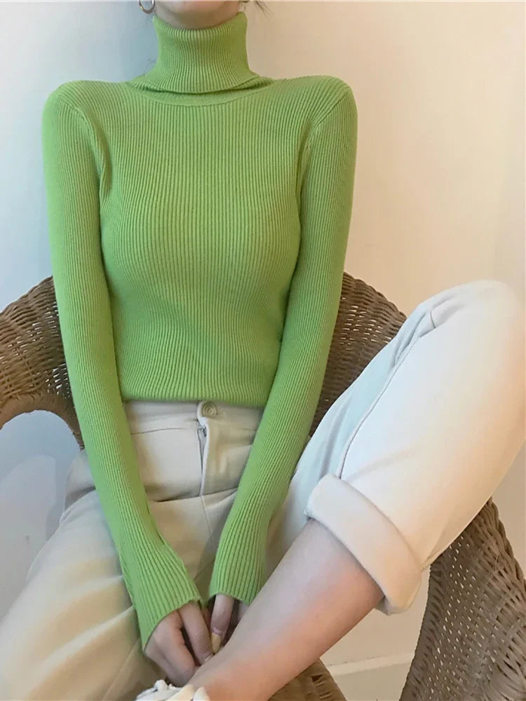 2025 Women Knitted Ribbed Pullover Autumn Winter Sweater Sweater Long Sleeve Turtleneck Slim Jumper Soft Warm Pull Femme
