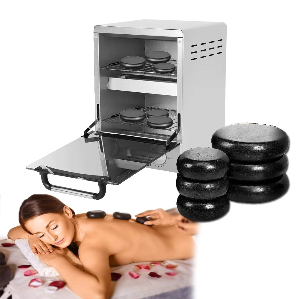A Hot Stone Massage Heater with a tempered glass door, iron plate body, and a person receiving a massage with stones on their back. The product is not including the stones shown in the image.