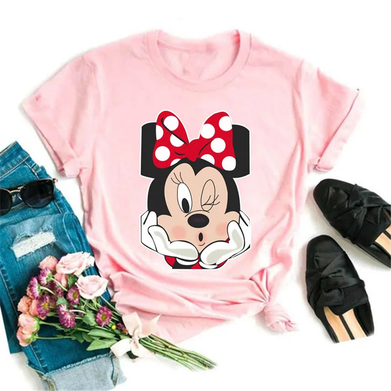 Fashion Mickey Minnie Mouse Disney T-shirt Women's Clothing Summer Short Sleeves Tops Casual Kawaii T Shirts Clothes