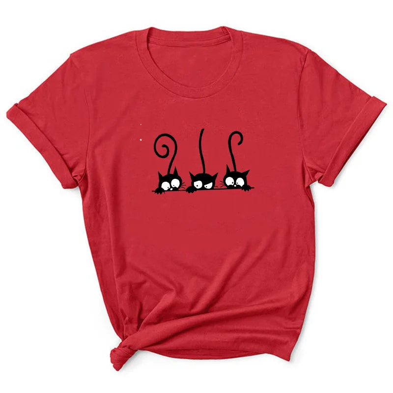Three Black Cat Print T Shirt Women Short Sleeve O Neck Loose Tshirt Summer Women Tee Shirt Tops Camisetas Mujer