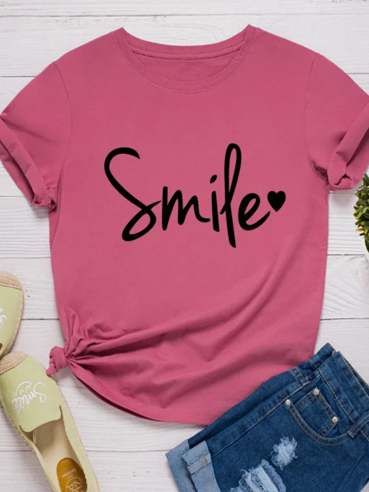 Smile Heart Print Women T Shirt Short Sleeve O Neck Loose Women Tshirt Ladies Tee Shirt Tops Clothes Camisetas Mujer
