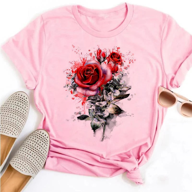Beautiful Flower Print Women T-Shirts Casual Breathable Soft Short Sleeve Tops Loose Comfortable Street Female Clothes Pink T Sh