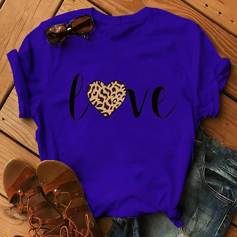 Leopard Love Print Women T Shirt Short Sleeve O Neck Loose Women Tshirt Ladies Fashion Tee Shirt Tops Clothes Camisetas Mujer