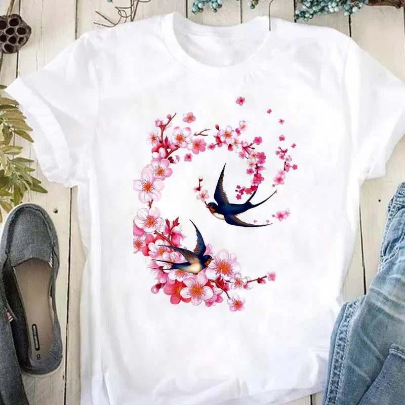Beautiful Flower Print Women T-Shirts Casual Breathable Soft Short Sleeve Tops Loose Comfortable Street Female Clothes Pink T Sh