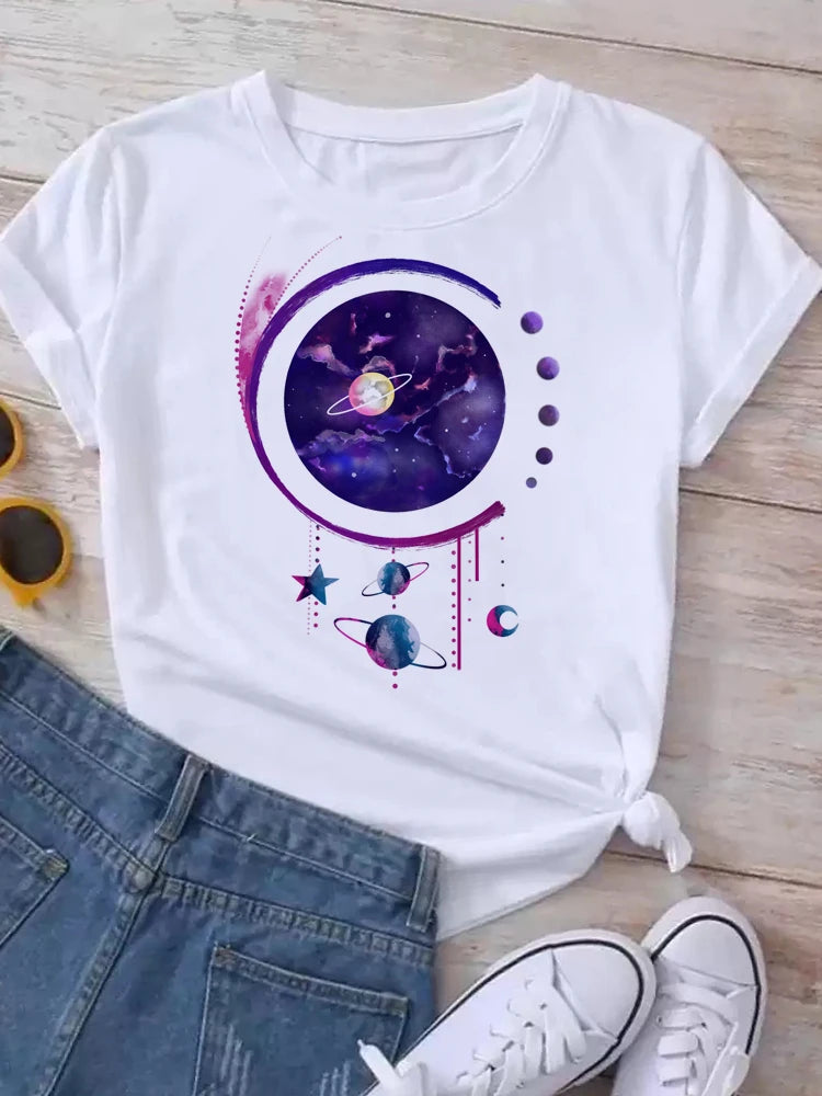 Maycaur T Shirt Women Moon Planet Print Fashion Tee Shirts Casual Round Neck Short Sleeve Streetwear Female T-Shirt Vintage Tops