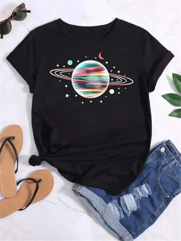 Maycaur T Shirt Women Moon Planet Print Fashion Tee Shirts Casual Round Neck Short Sleeve Streetwear Female T-Shirt Vintage Tops