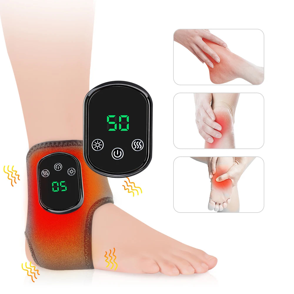 Ankle massager wrap in gray color with a digital display, showing the device being used on a person's ankle, and illustrations of the product's features like heat and vibration.