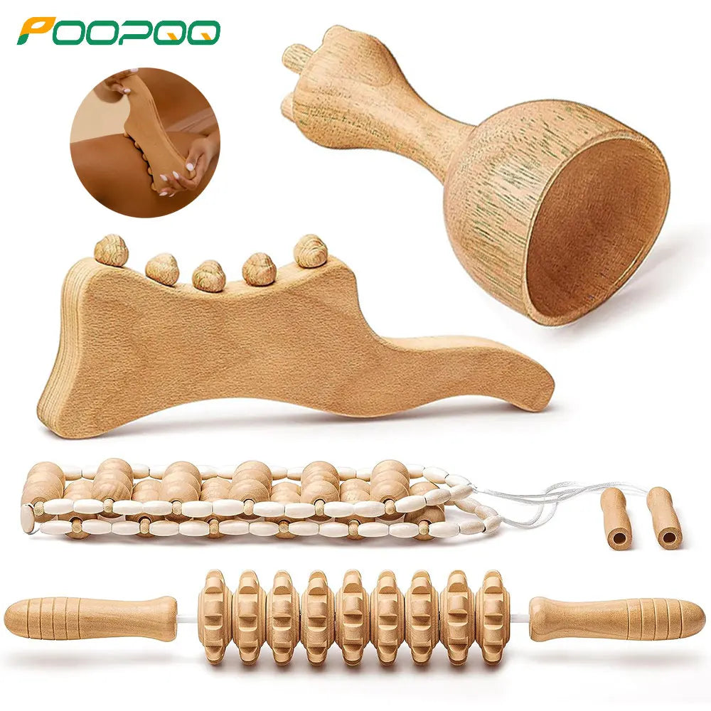 A set of wooden massage tools including a back-shaped massager with multiple knobs, a cylindrical roller massager, and other tools for lymphatic drainage and muscle pain relief.