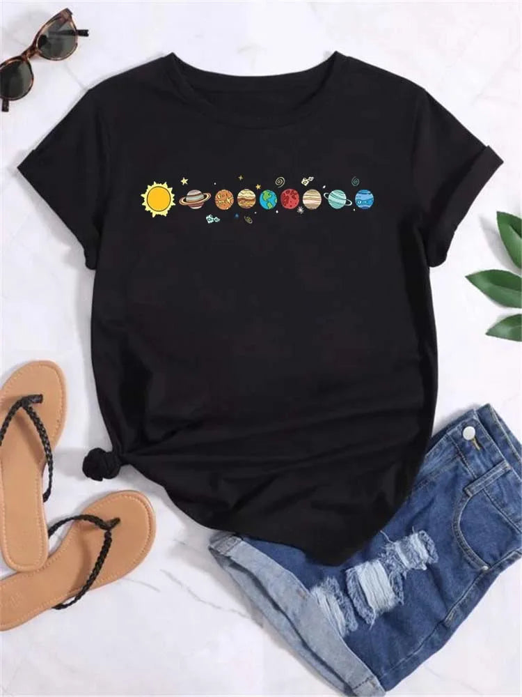 Maycaur T Shirt Women Moon Planet Print Fashion Tee Shirts Casual Round Neck Short Sleeve Streetwear Female T-Shirt Vintage Tops