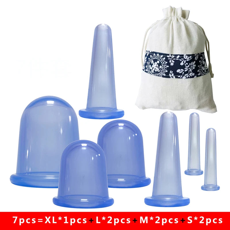 A set of blue silicone suction massage cups of various sizes, displayed alongside a white carrying bag with a blue pattern.