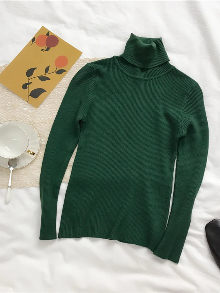 2025 Women Knitted Ribbed Pullover Autumn Winter Sweater Sweater Long Sleeve Turtleneck Slim Jumper Soft Warm Pull Femme