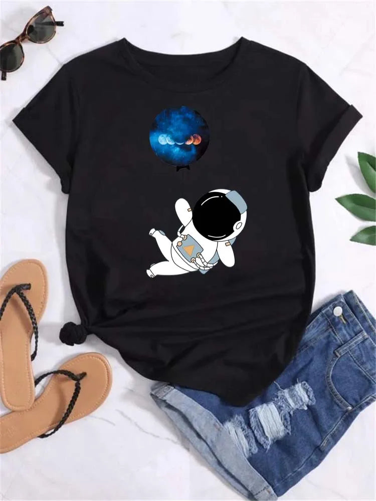 Maycaur T Shirt Women Moon Planet Print Fashion Tee Shirts Casual Round Neck Short Sleeve Streetwear Female T-Shirt Vintage Tops