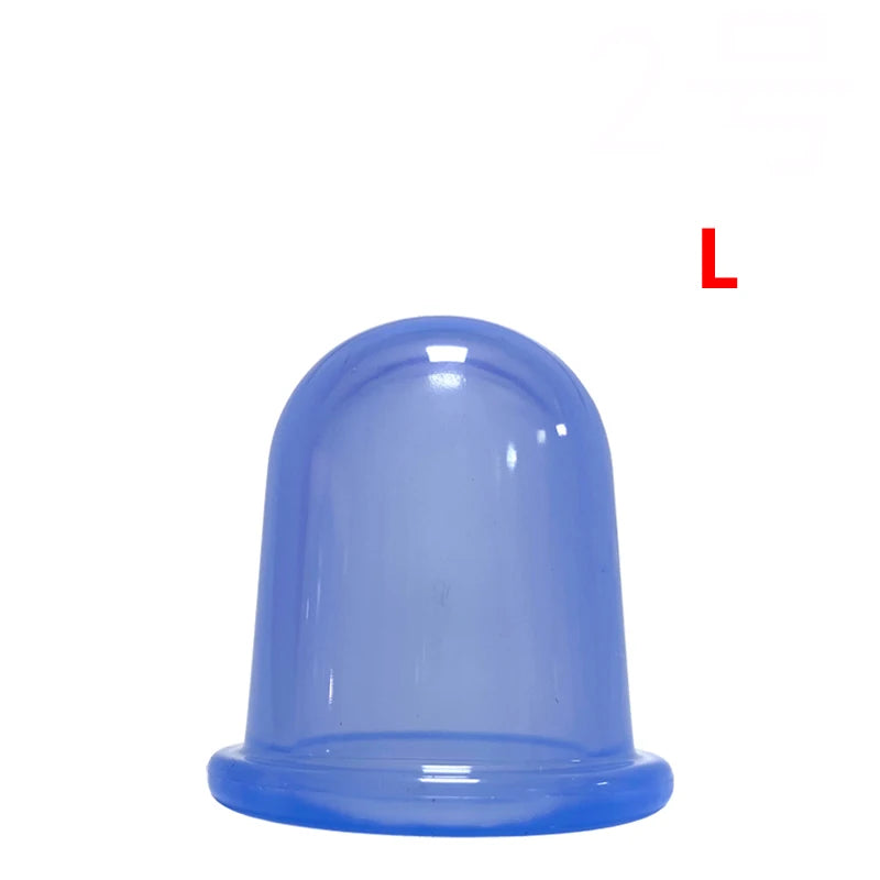 A set of blue silicone suction massage cups of various sizes, displayed alongside a white carrying bag with a blue pattern.