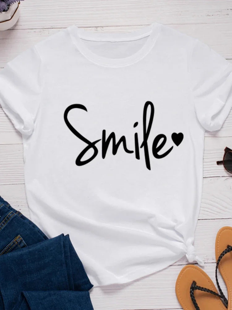 Smile Heart Print Women T Shirt Short Sleeve O Neck Loose Women Tshirt Ladies Tee Shirt Tops Clothes Camisetas Mujer