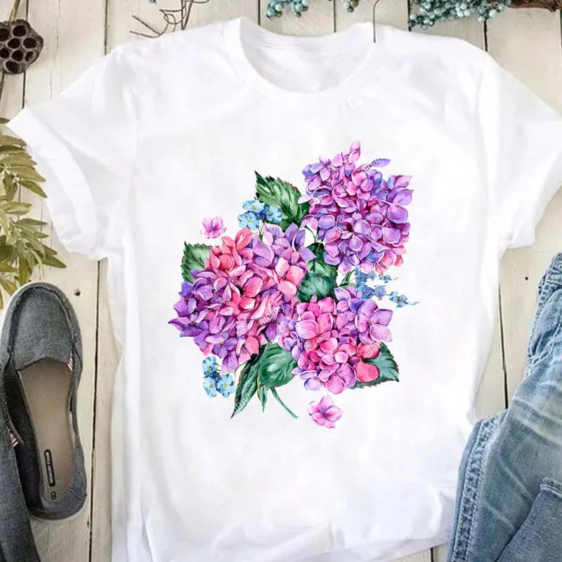 Beautiful Flower Print Women T-Shirts Casual Breathable Soft Short Sleeve Tops Loose Comfortable Street Female Clothes Pink T Sh