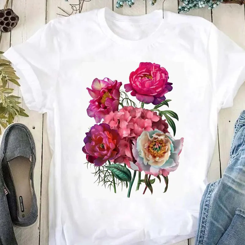 Beautiful Flower Print Women T-Shirts Casual Breathable Soft Short Sleeve Tops Loose Comfortable Street Female Clothes Pink T Sh