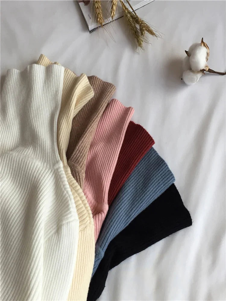 2025 Women Knitted Ribbed Pullover Autumn Winter Sweater Sweater Long Sleeve Turtleneck Slim Jumper Soft Warm Pull Femme