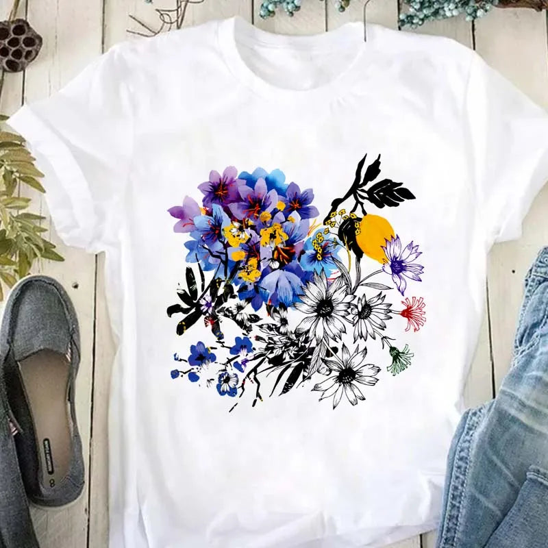 Beautiful Flower Print Women T-Shirts Casual Breathable Soft Short Sleeve Tops Loose Comfortable Street Female Clothes Pink T Sh