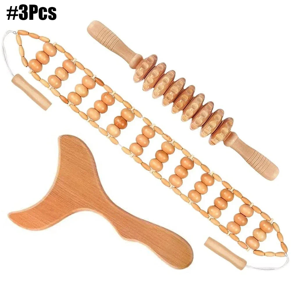 A set of wooden massage tools being used on a person's back, highlighting the smooth polished surface and easy handle bar of the wooden massagers.