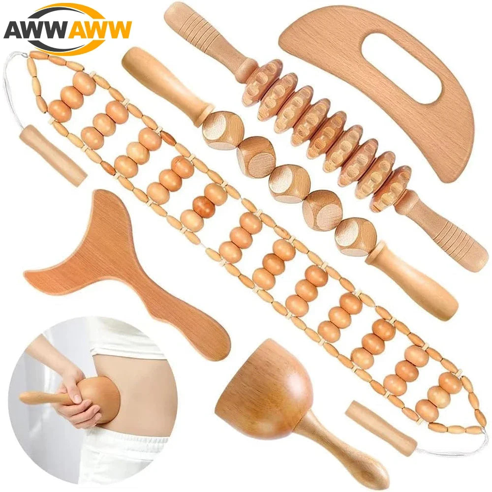 A set of wooden massage tools including different shaped rollers and cups designed for muscle and lymphatic drainage massage.