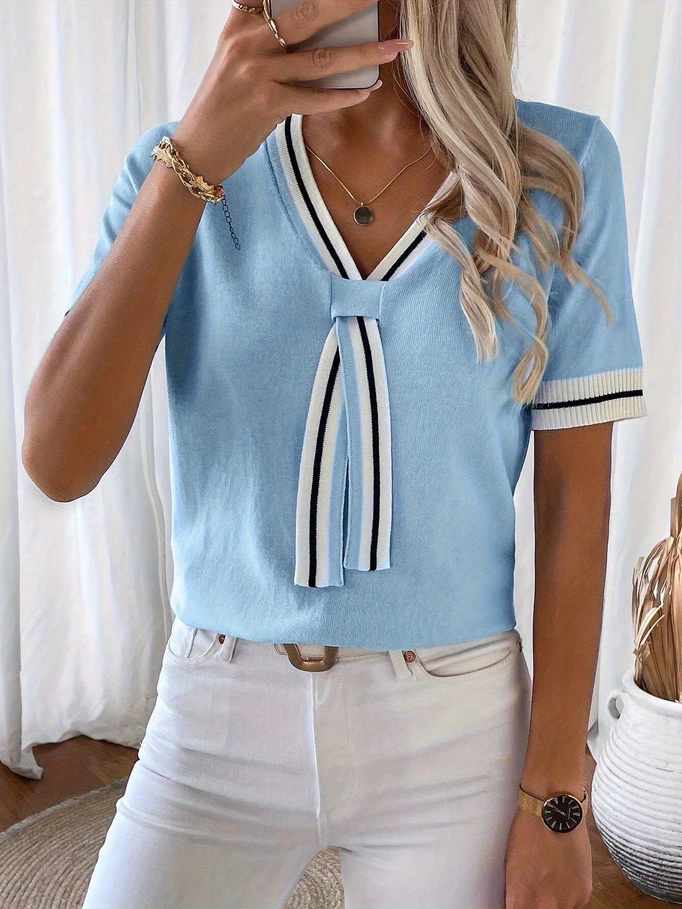 Autumn and Winter New Fashion Woman Sweater V-neck Ribbon Knitted Casual Color Block Women's Short Sleeve Top Women's Clothing