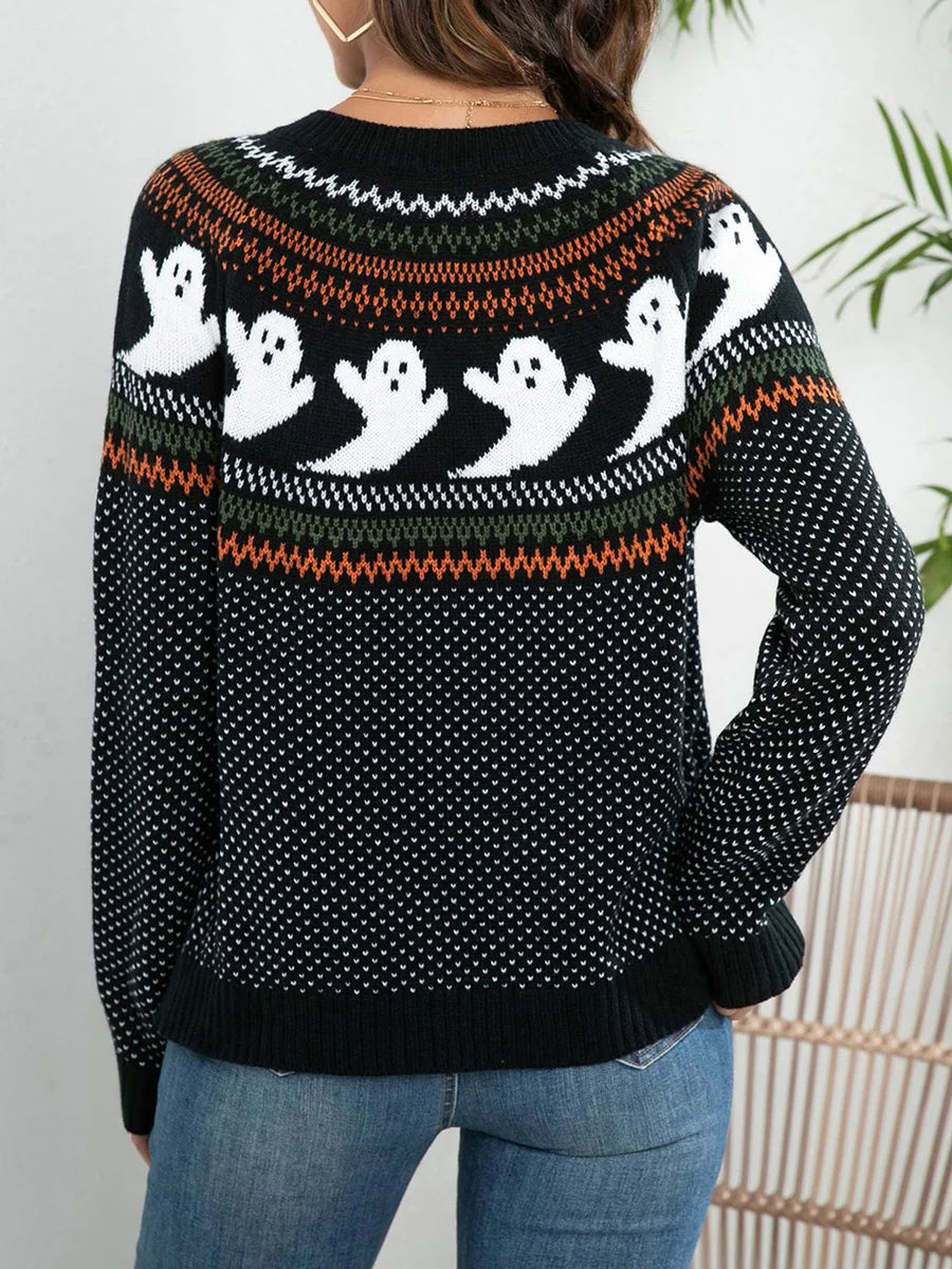 Women s Halloween Pumpkin Print Long Sleeve Button Down Cardigan Round Neck Sweater Knit Tops for Fall Festivities
