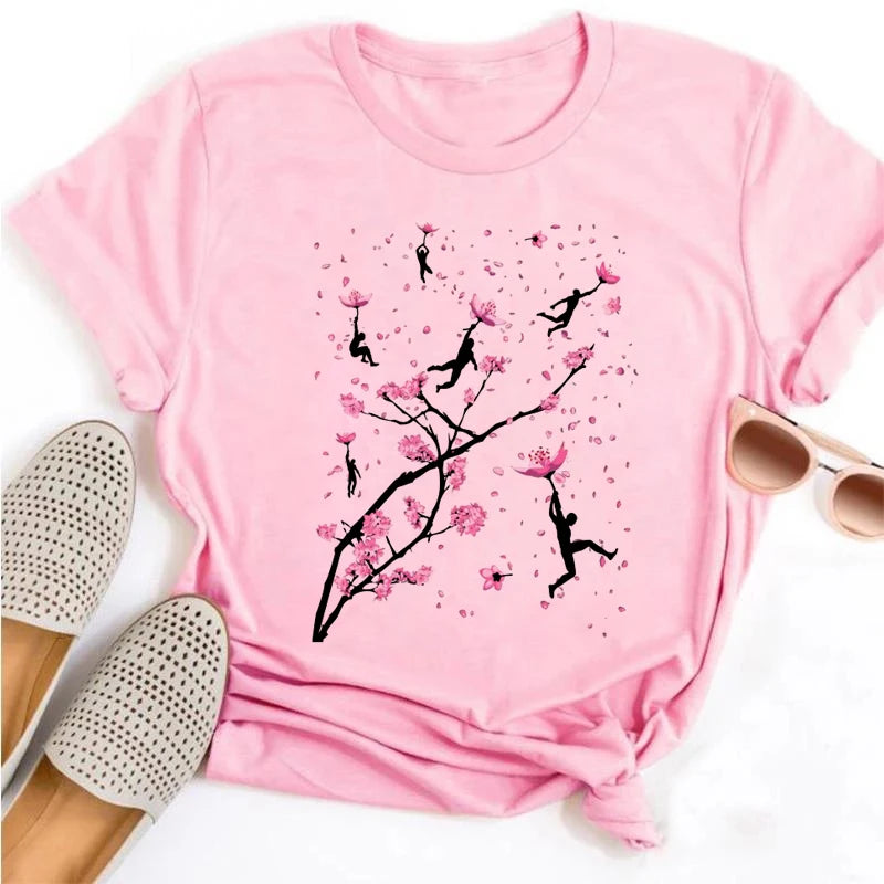 Beautiful Flower Print Women T-Shirts Casual Breathable Soft Short Sleeve Tops Loose Comfortable Street Female Clothes Pink T Sh