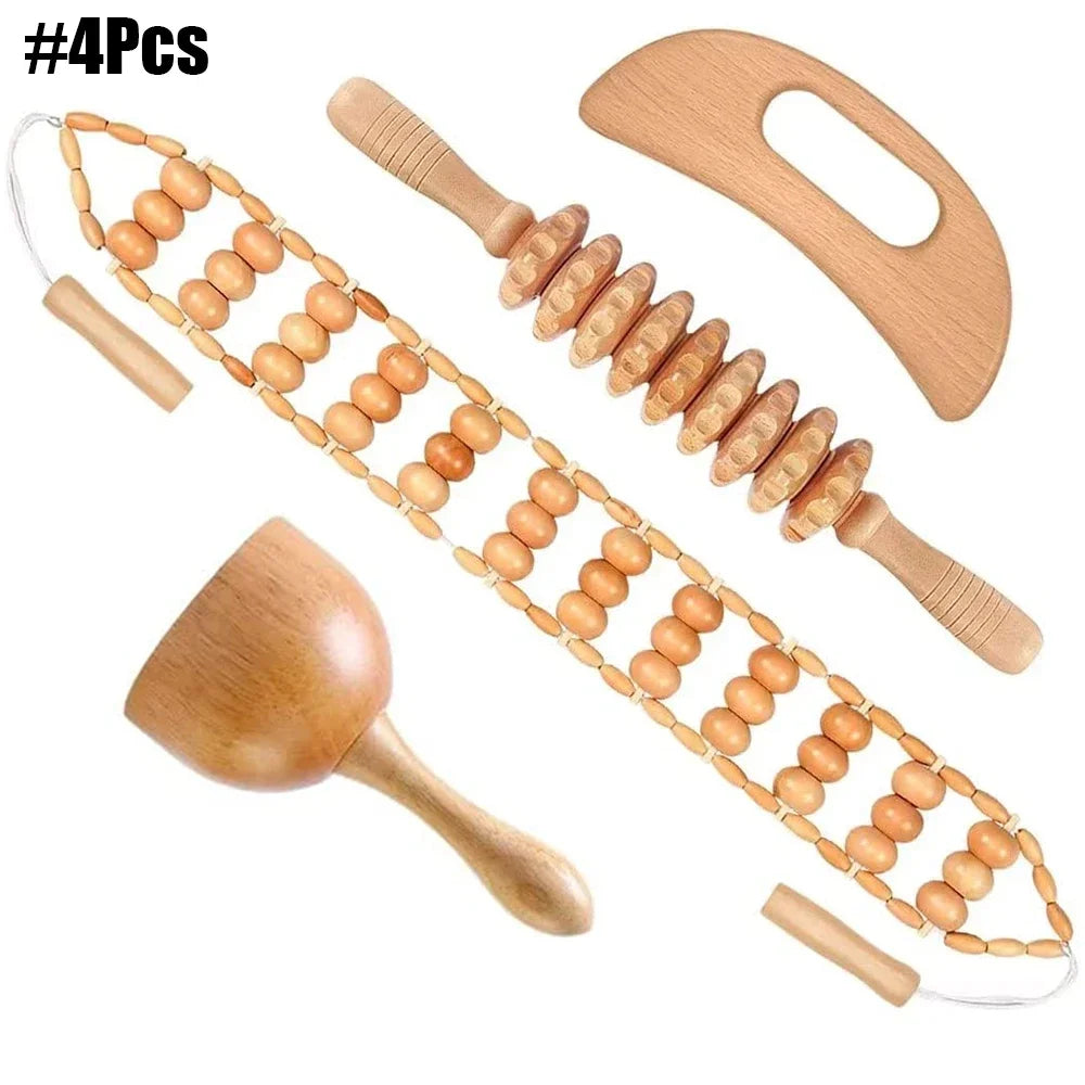A set of wooden massage tools being used on a person's back, highlighting the smooth polished surface and easy handle bar of the wooden massagers.