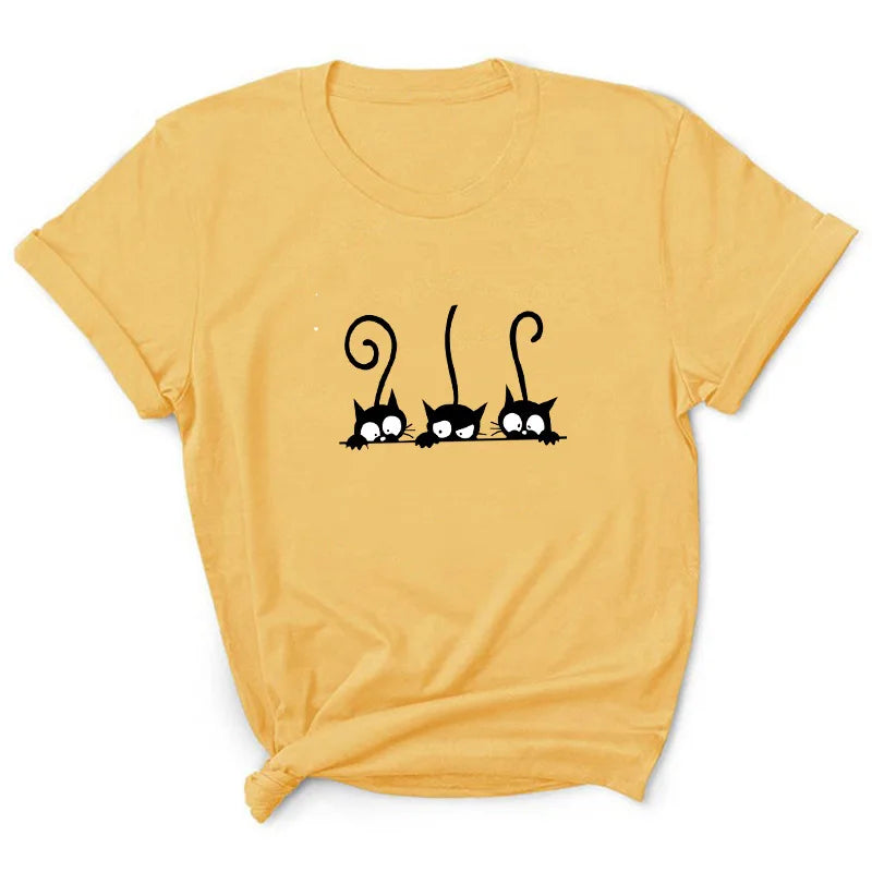 Three Black Cat Print T Shirt Women Short Sleeve O Neck Loose Tshirt Summer Women Tee Shirt Tops Camisetas Mujer