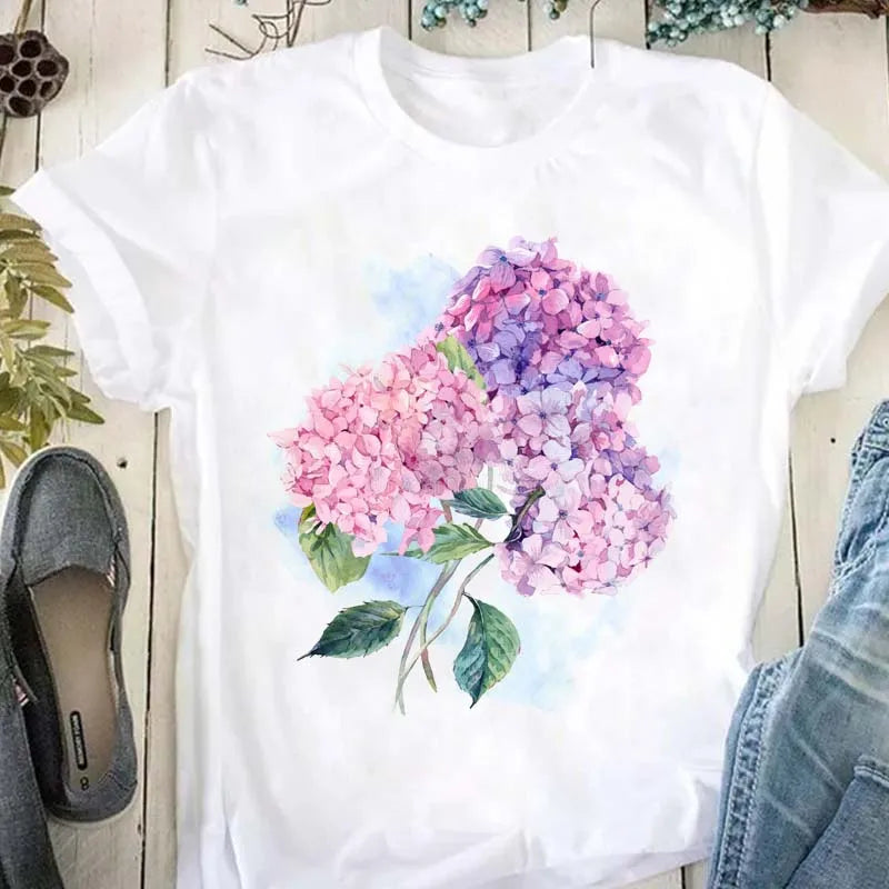 Beautiful Flower Print Women T-Shirts Casual Breathable Soft Short Sleeve Tops Loose Comfortable Street Female Clothes Pink T Sh