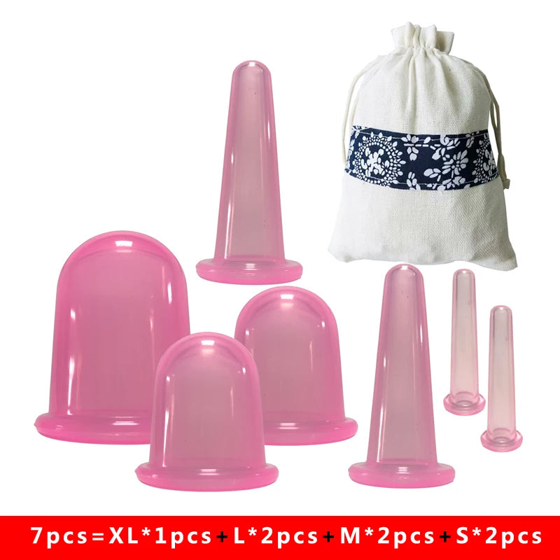 A set of blue silicone suction massage cups of various sizes, displayed alongside a white carrying bag with a blue pattern.