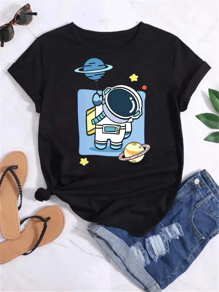 Maycaur T Shirt Women Moon Planet Print Fashion Tee Shirts Casual Round Neck Short Sleeve Streetwear Female T-Shirt Vintage Tops