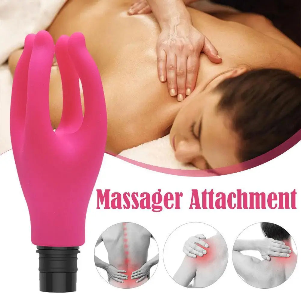 A pink claw-shaped massager attachment designed to fit on a fascia gun, pictured with a person receiving a back massage.