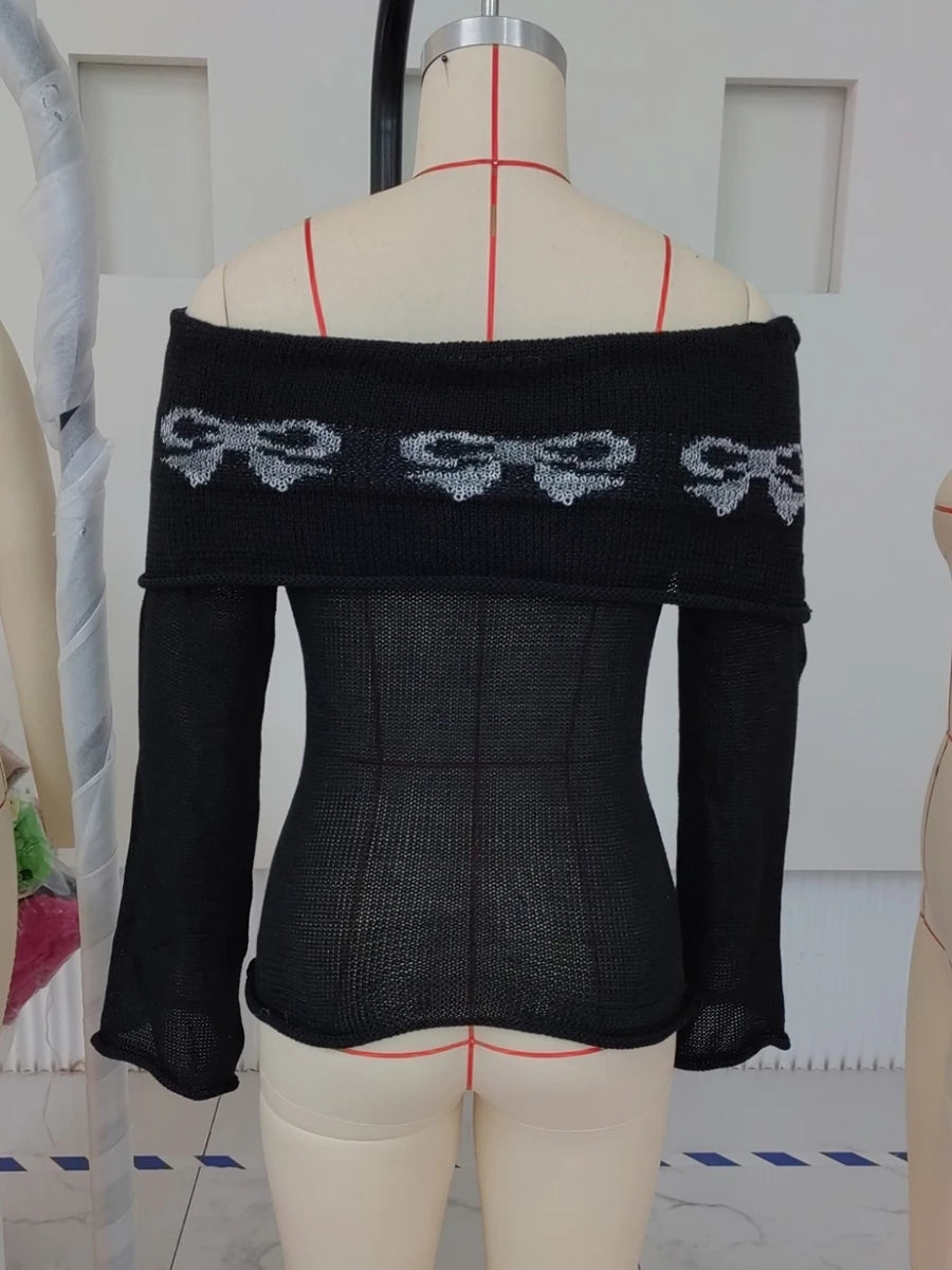Elegant Women s Boat Neck Sweater with Off Shoulder Design Long Sleeves and Fit Knitted Top for Casual Wear
