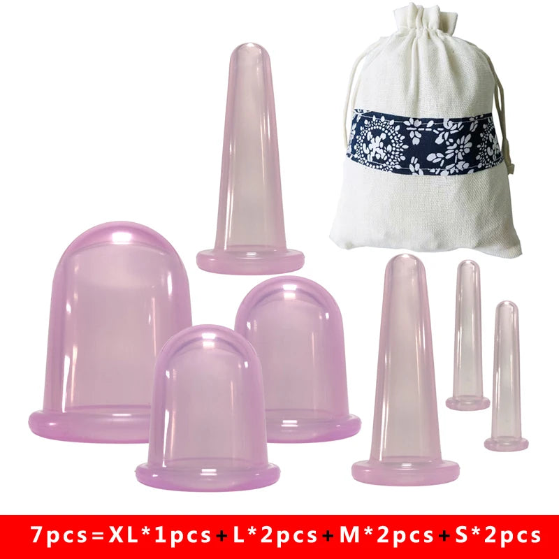 A set of blue silicone suction massage cups of various sizes, displayed alongside a white carrying bag with a blue pattern.