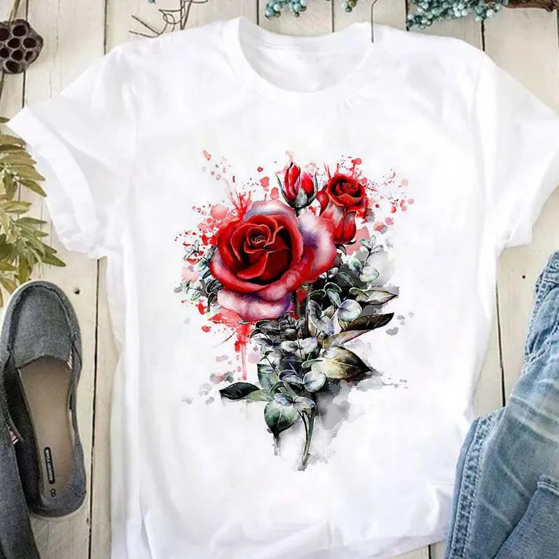 Beautiful Flower Print Women T-Shirts Casual Breathable Soft Short Sleeve Tops Loose Comfortable Street Female Clothes Pink T Sh