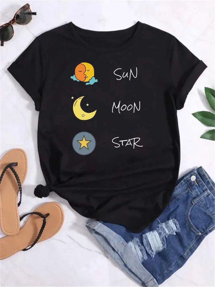 Maycaur T Shirt Women Moon Planet Print Fashion Tee Shirts Casual Round Neck Short Sleeve Streetwear Female T-Shirt Vintage Tops