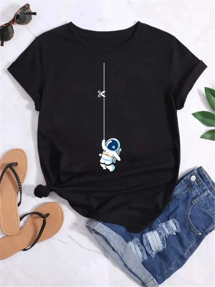 Maycaur T Shirt Women Moon Planet Print Fashion Tee Shirts Casual Round Neck Short Sleeve Streetwear Female T-Shirt Vintage Tops