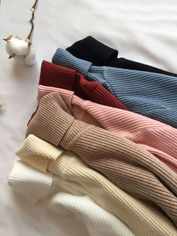 2025 Women Knitted Ribbed Pullover Autumn Winter Sweater Sweater Long Sleeve Turtleneck Slim Jumper Soft Warm Pull Femme