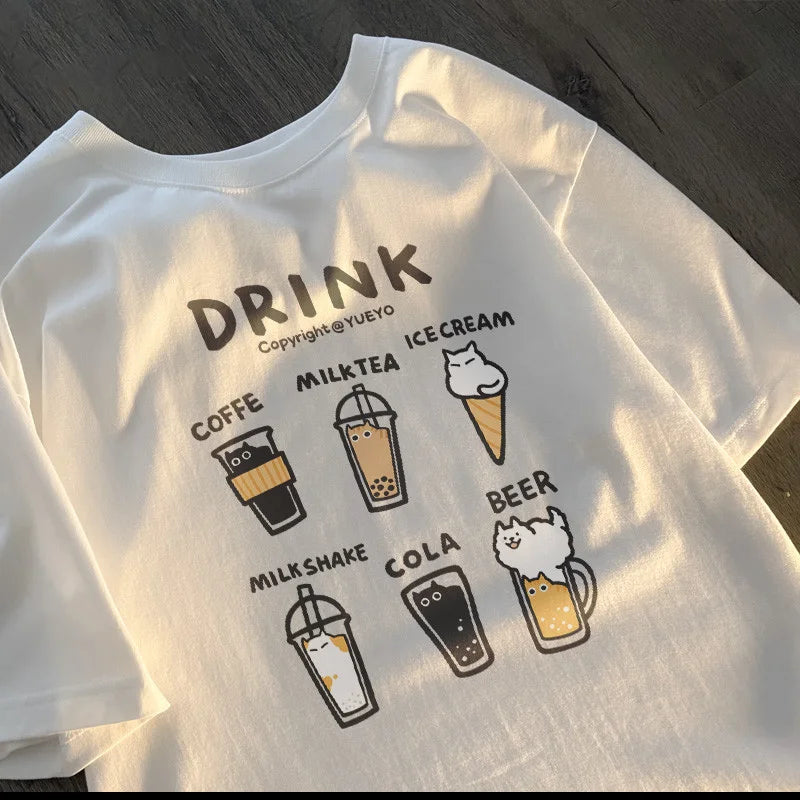 Women's Korean Drink Cat Letter Print Loose Short Sleeve T-Shirt Summer Soft Comfort Shirt
